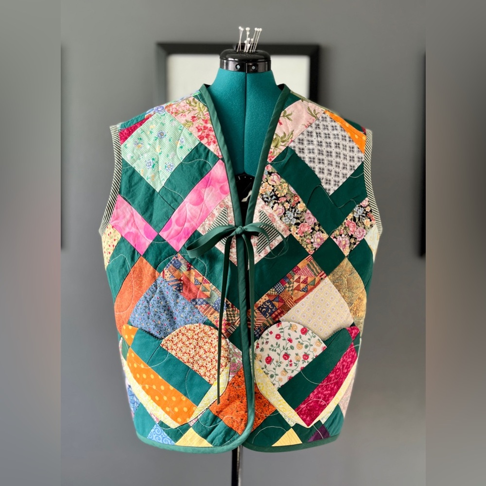 Tie-front quilted vest, upcycled vintage patchwork quilt, ladies' M-XL